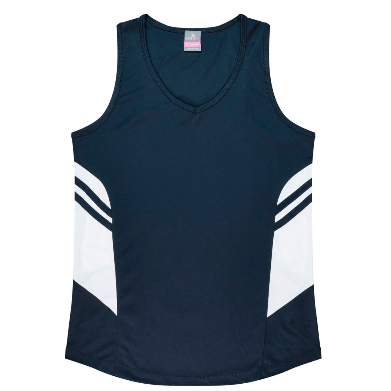 A navy singlet featuring side panels in white, designed for women. It has a v-neck and includes a logo.
