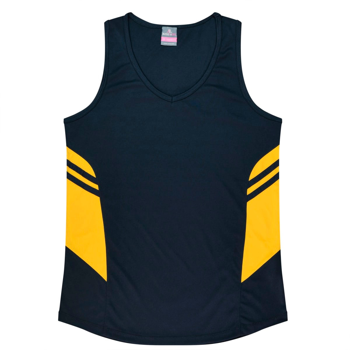 A dark blue singlet with yellow accent panels on the sides. The garment has a soft fabric and a v-neck design.