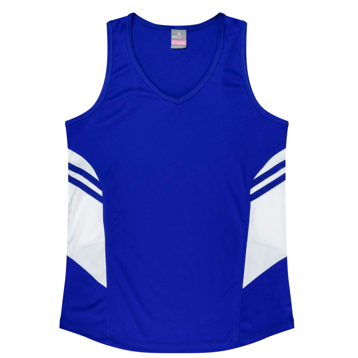 A blue singlet featuring white panels and stripes, with a logo on the garment.