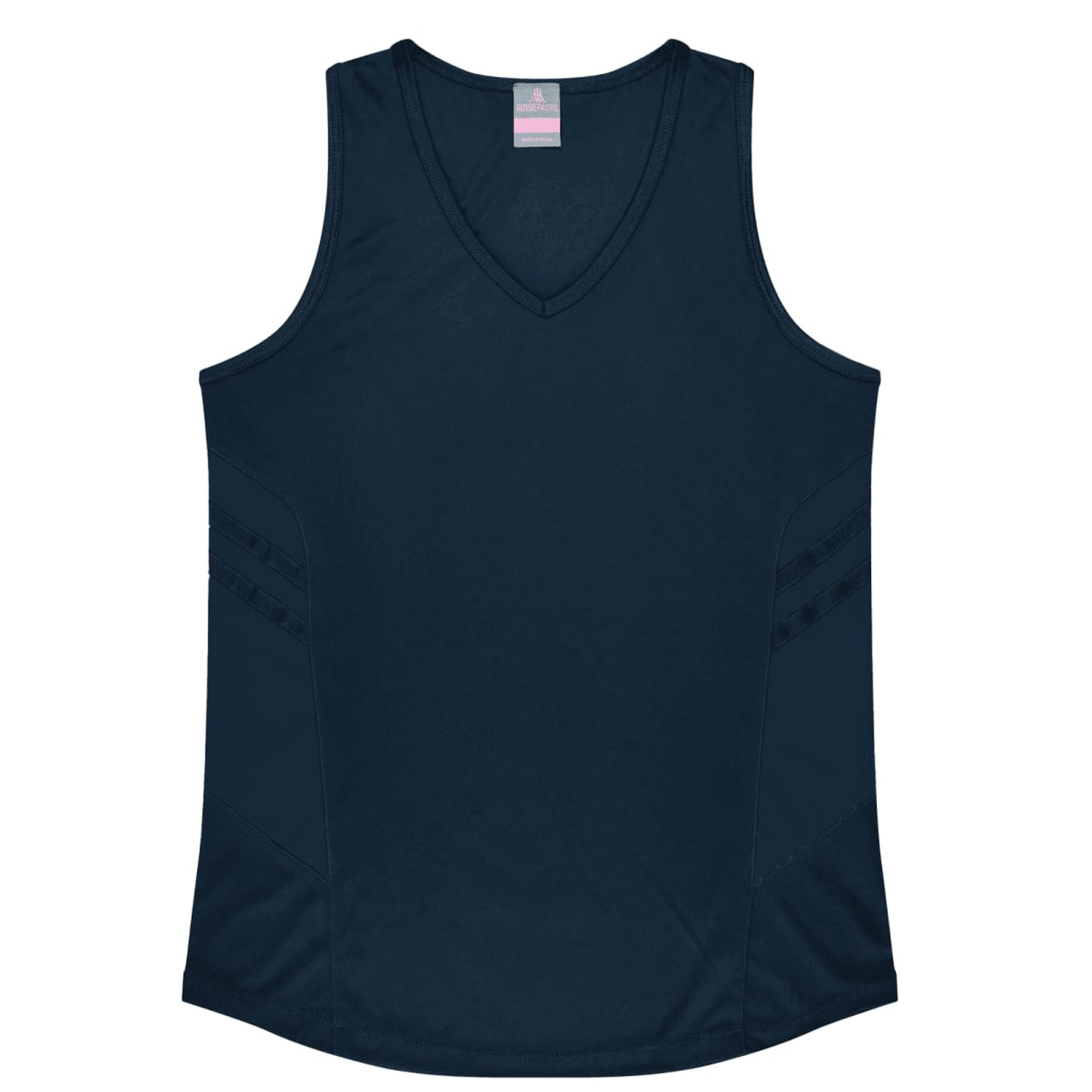 A navy singlet with a V-neck design, featuring styling details on the sides and a logo.