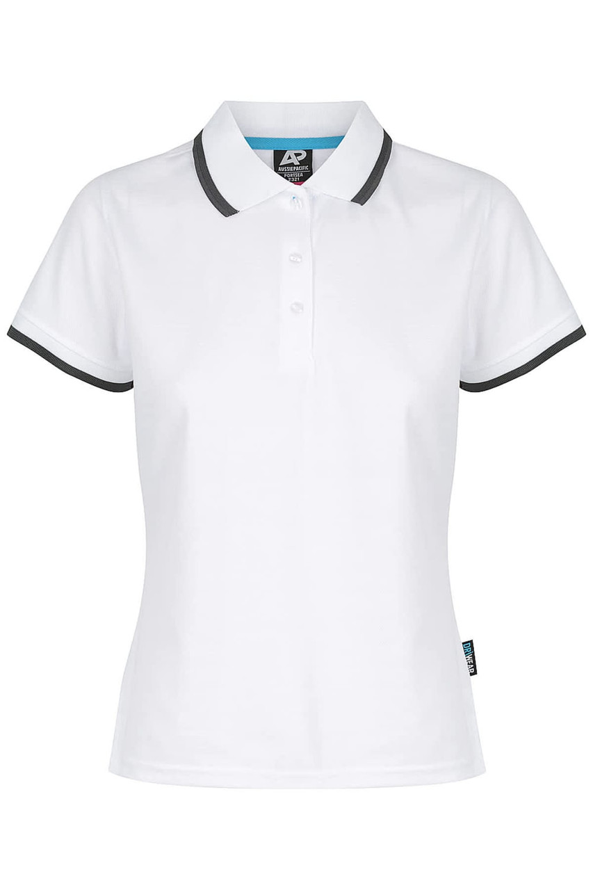 A white polo shirt featuring short sleeves and contrasting trim, with a logo on the front.