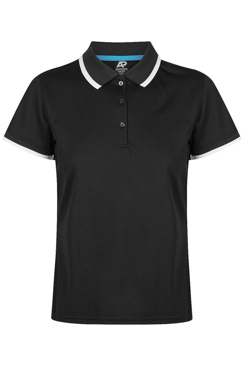 A black polo shirt featuring a classic collar and contrasting trim, complete with a logo.