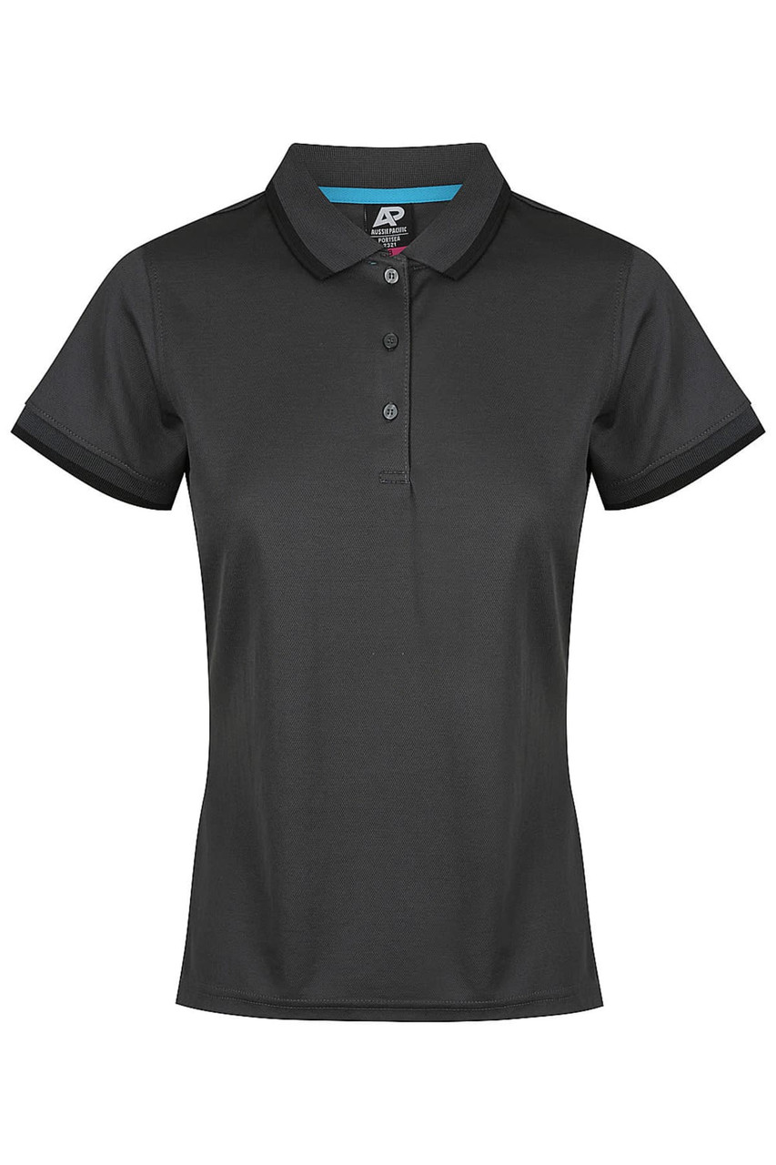A black polo shirt with a collar and short sleeves, featuring a logo on the chest area.