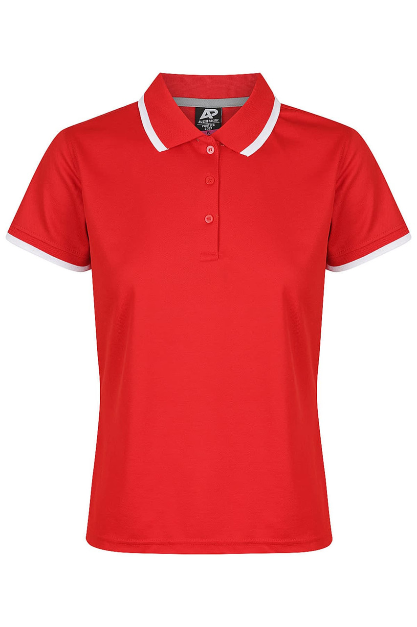 A red polo shirt featuring a classic collar and white accents, with a logo on the left side.
