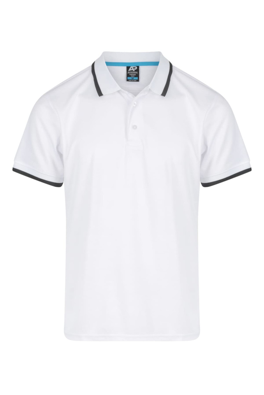 A white polo shirt with black trim and a logo on the label.