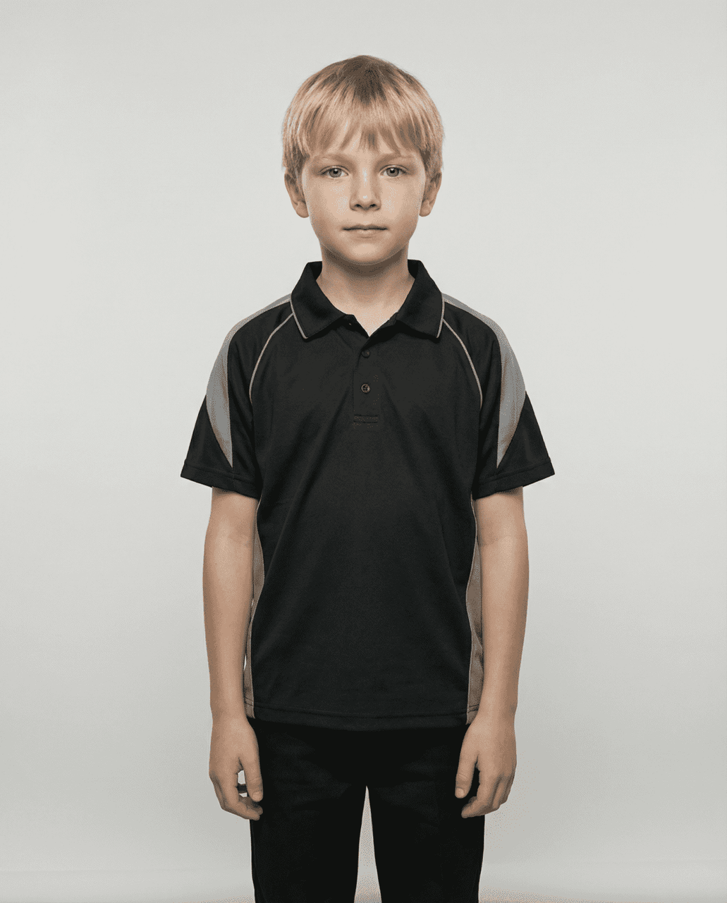 A polo shirt in black with grey accents, featuring a logo on the chest area.