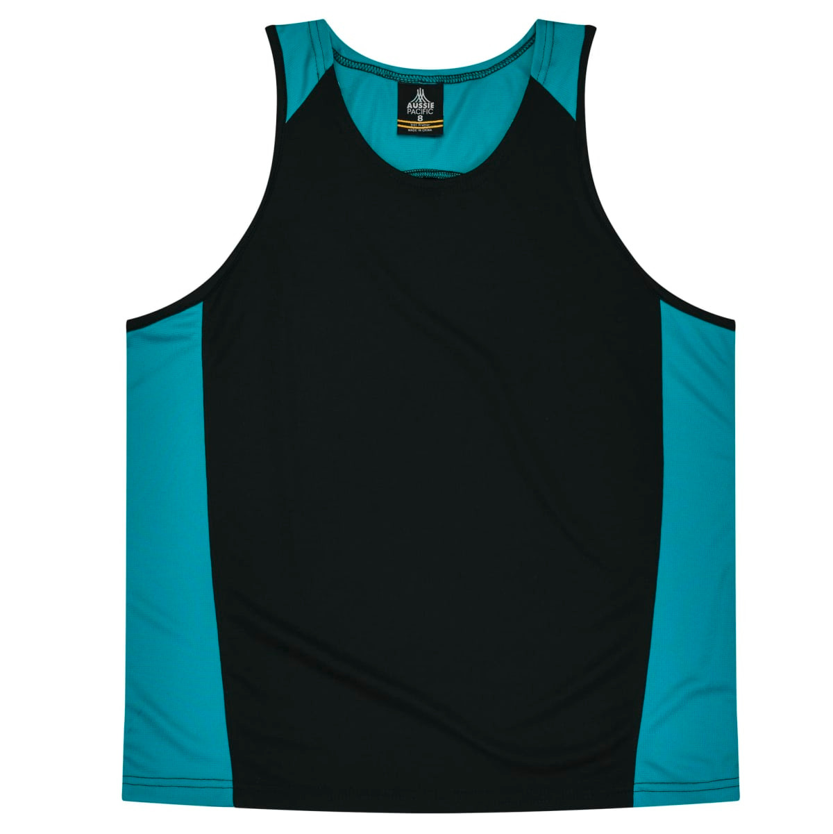 A black and teal singlet featuring contrasting side panels and a logo at the neckline.