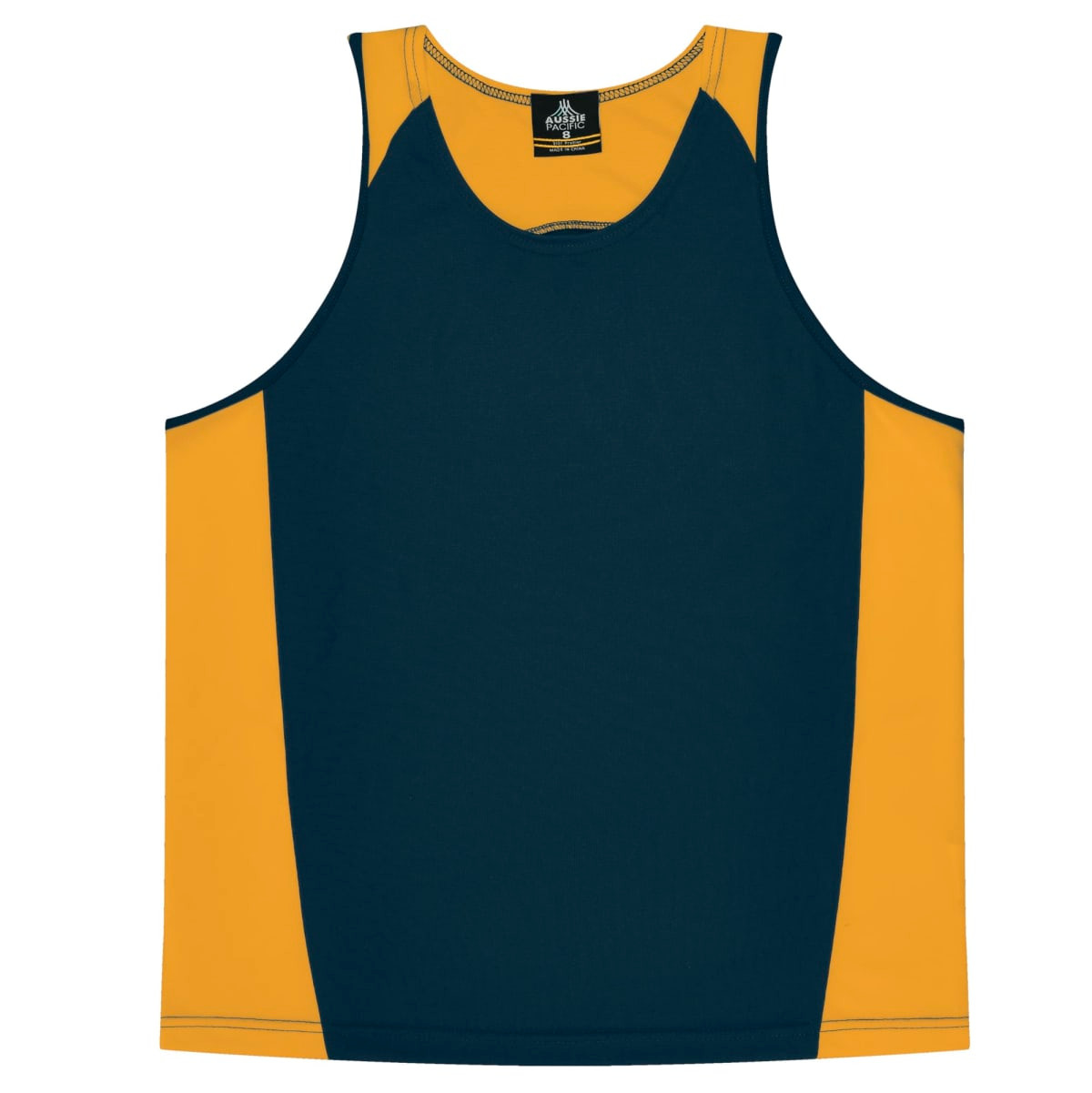 A navy and gold singlet featuring a sleeveless design and a logo at the top.