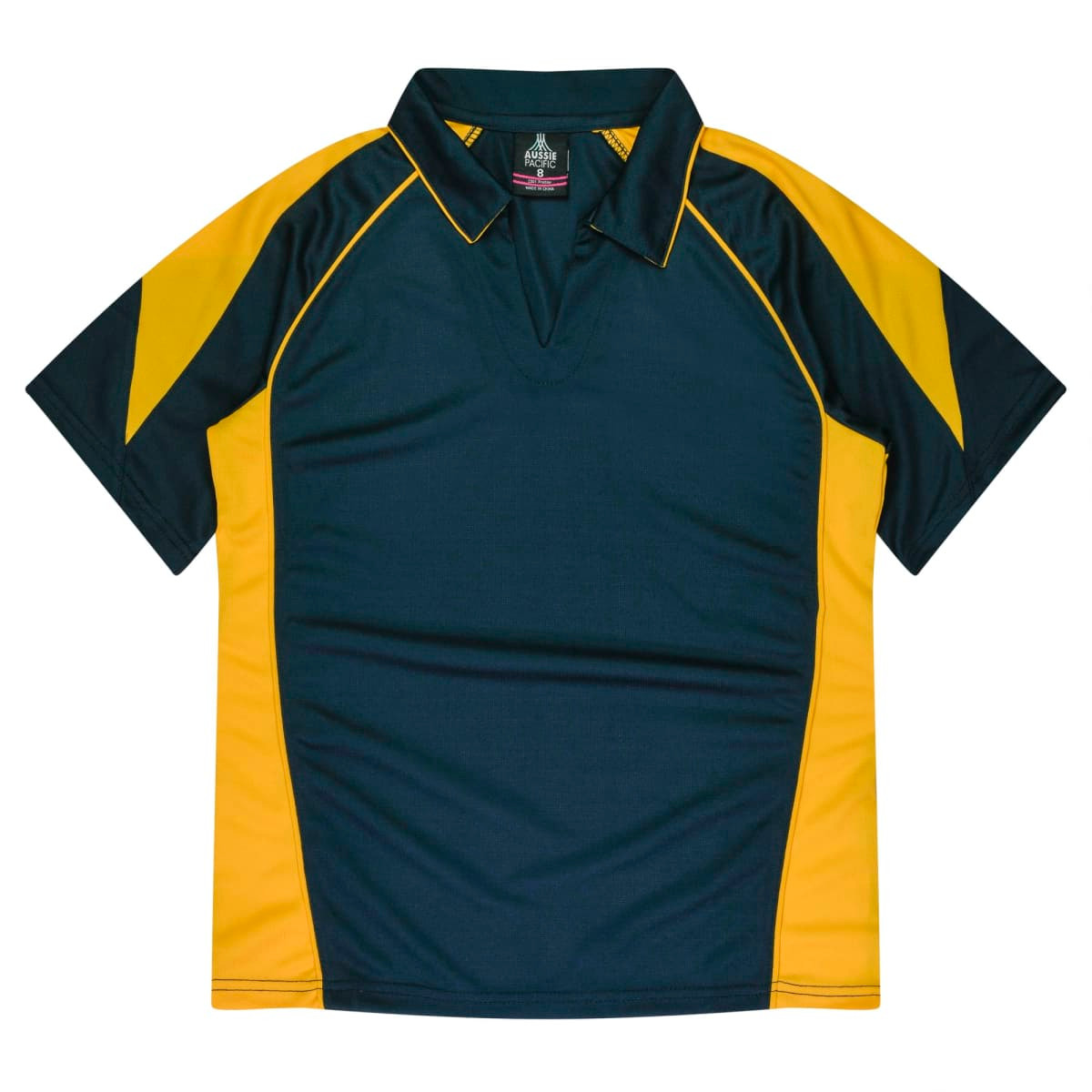 A polo shirt in dark green with yellow accents, featuring a collar and short sleeves. It has a logo on the chest.