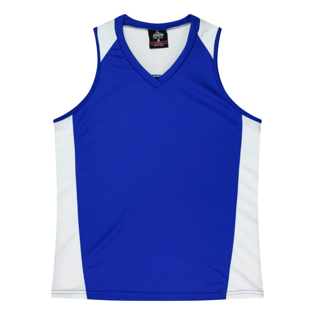A blue singlet with white side panels and a v-neck design, featuring a logo at the top.