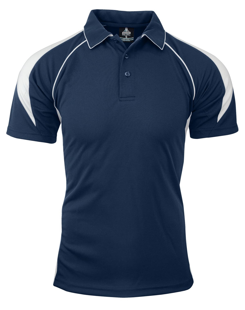 A navy polo shirt with white accents and a collar, featuring a logo on the front.