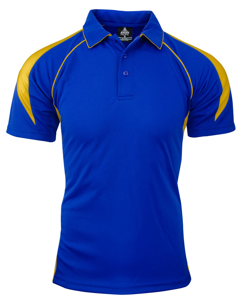 A short-sleeved polo shirt in vibrant blue with yellow accents and a logo on the chest.