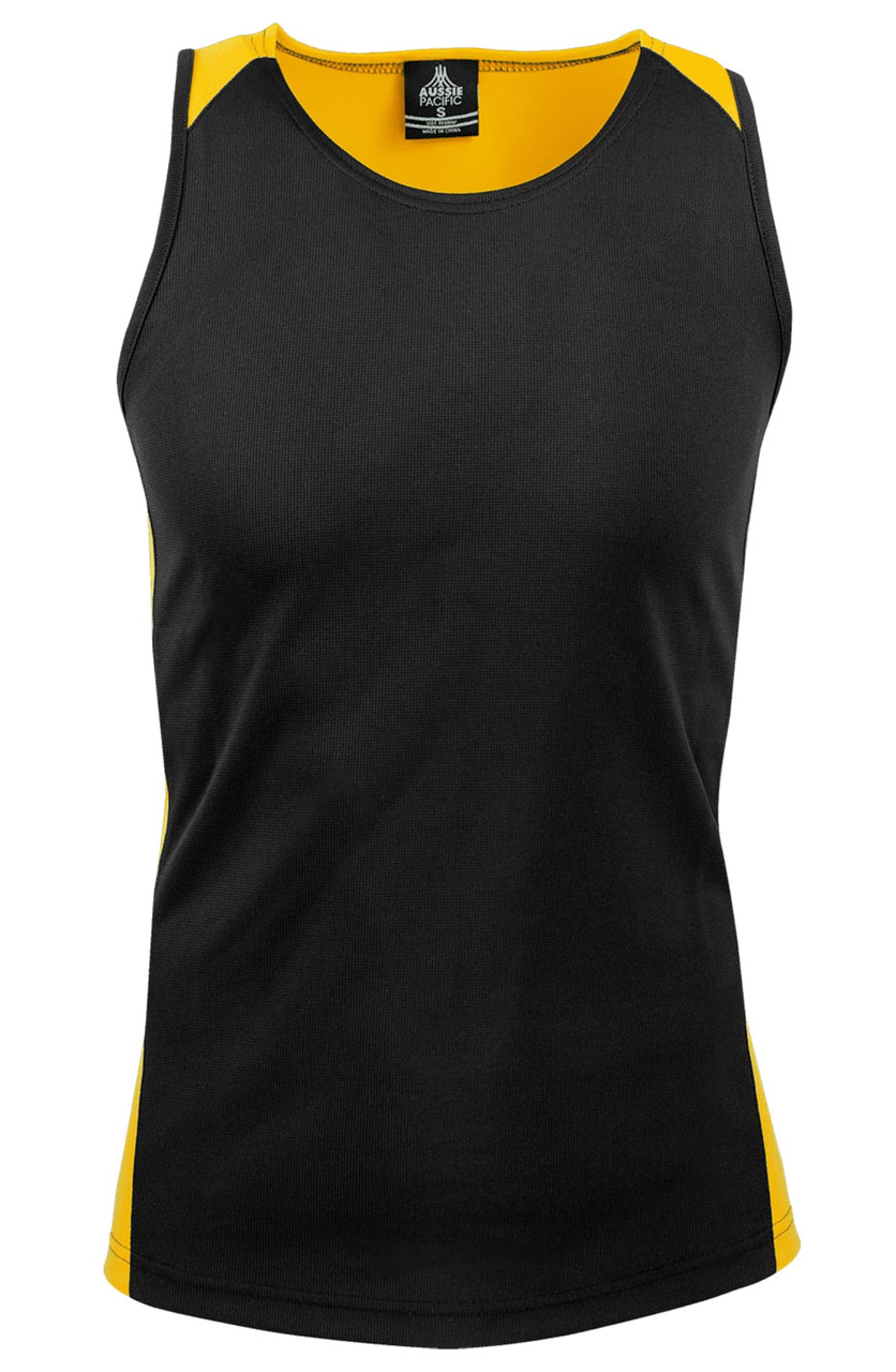 A black and yellow athletic singlet featuring a logo on the label at the neckline.