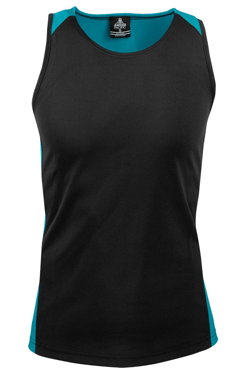 A black singlet with turquoise accents, featuring a logo on the tag. Suitable for men's casual wear.