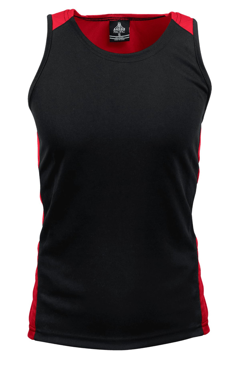 A black singlet with red side panels, featuring a logo on the inside neck.