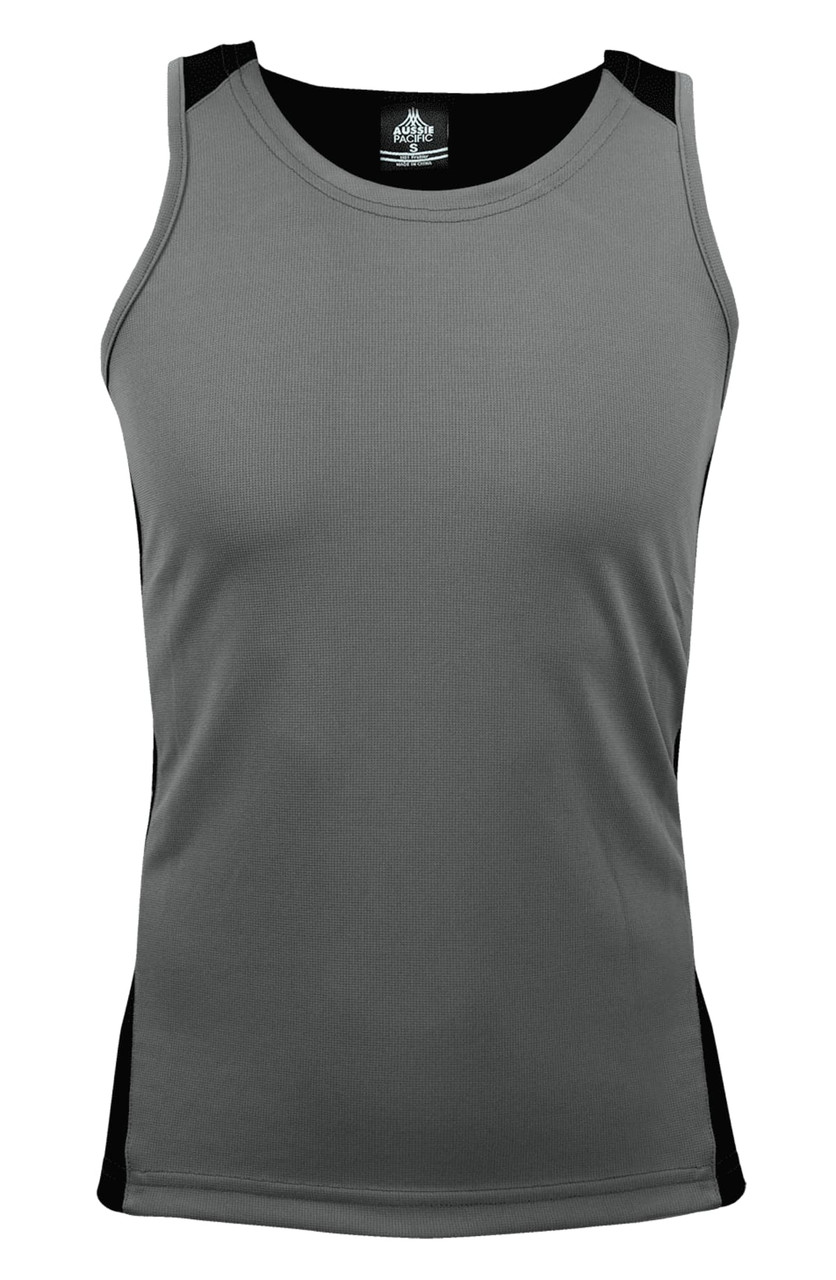 A grey singlet with black side panels, featuring a logo at the neckline.