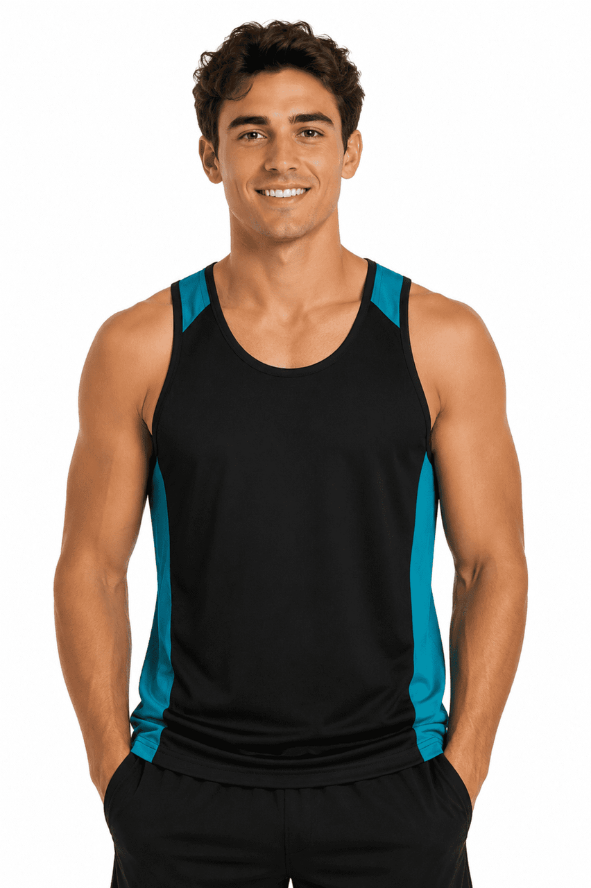 A man in a sleeveless black singlet with turquoise accents, featuring a logo on the chest.