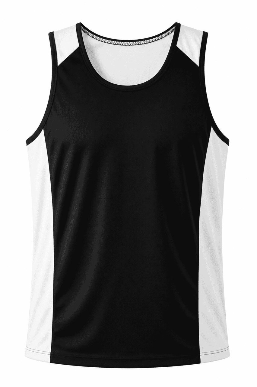A black singlet with white side panels, featuring a logo on the front. Suitable for sports and casual wear.