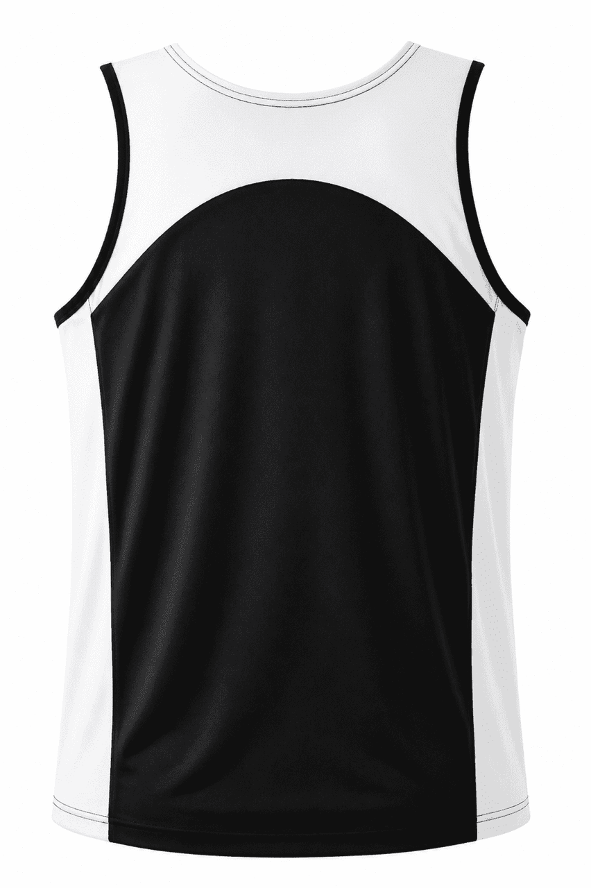 A men's singlet featuring a black front with white side panels and a rounded design at the back. It has a logo.