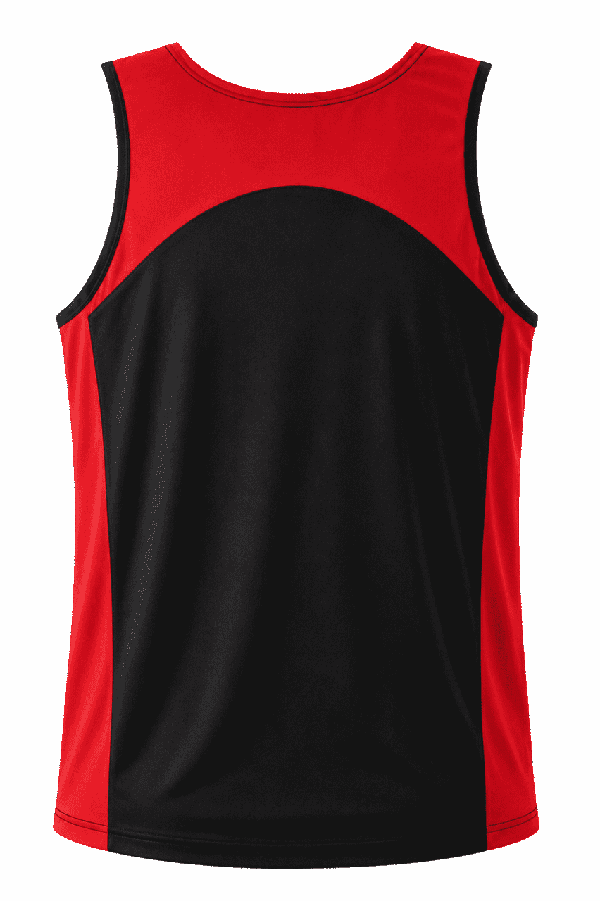 A red and black men's singlet featuring a curved design and a logo on the chest area.