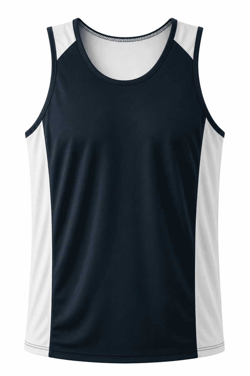 A navy and white singlet with a sporty design and a branded logo.