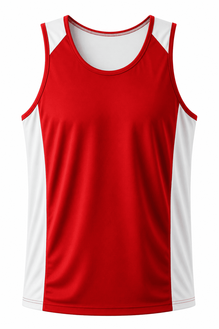 A red singlet with white side panels and a logo, made from a lightweight fabric.