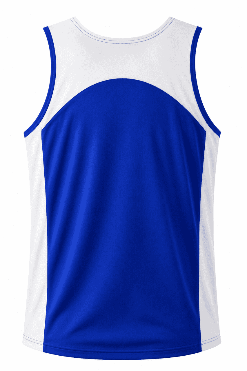 A blue and white men's singlet featuring a logo, with a curved design on the back.