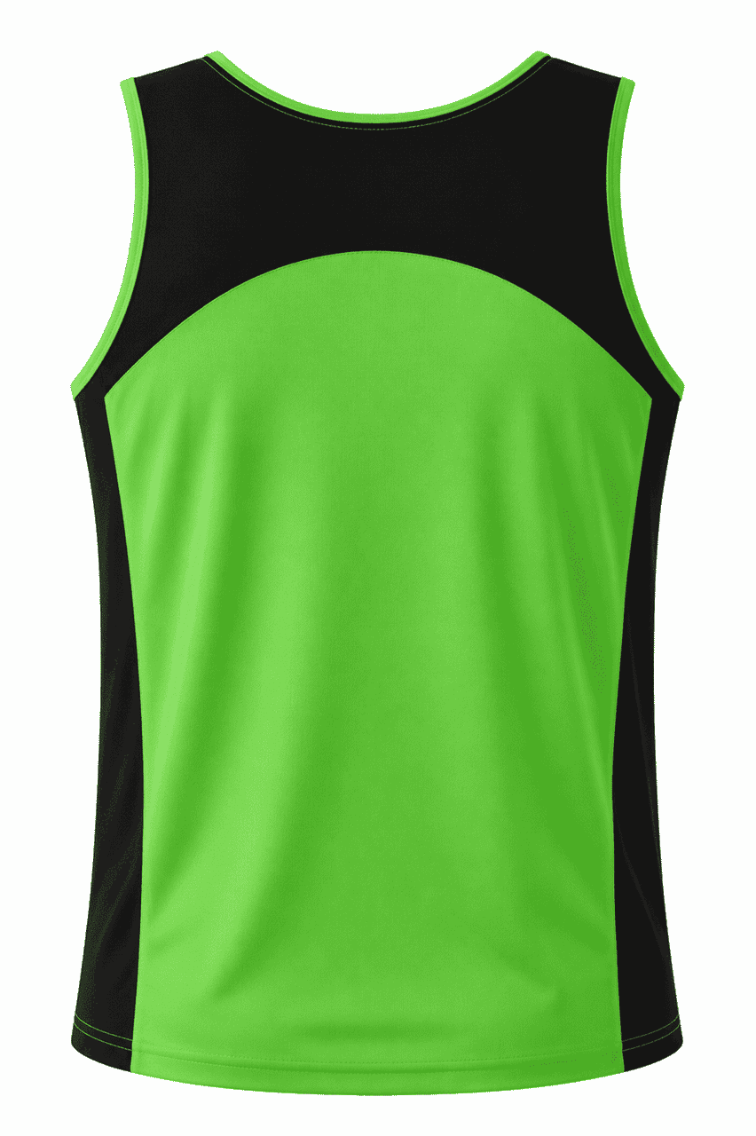 A bright green singlet with black accents on the shoulders and back, featuring a logo.
