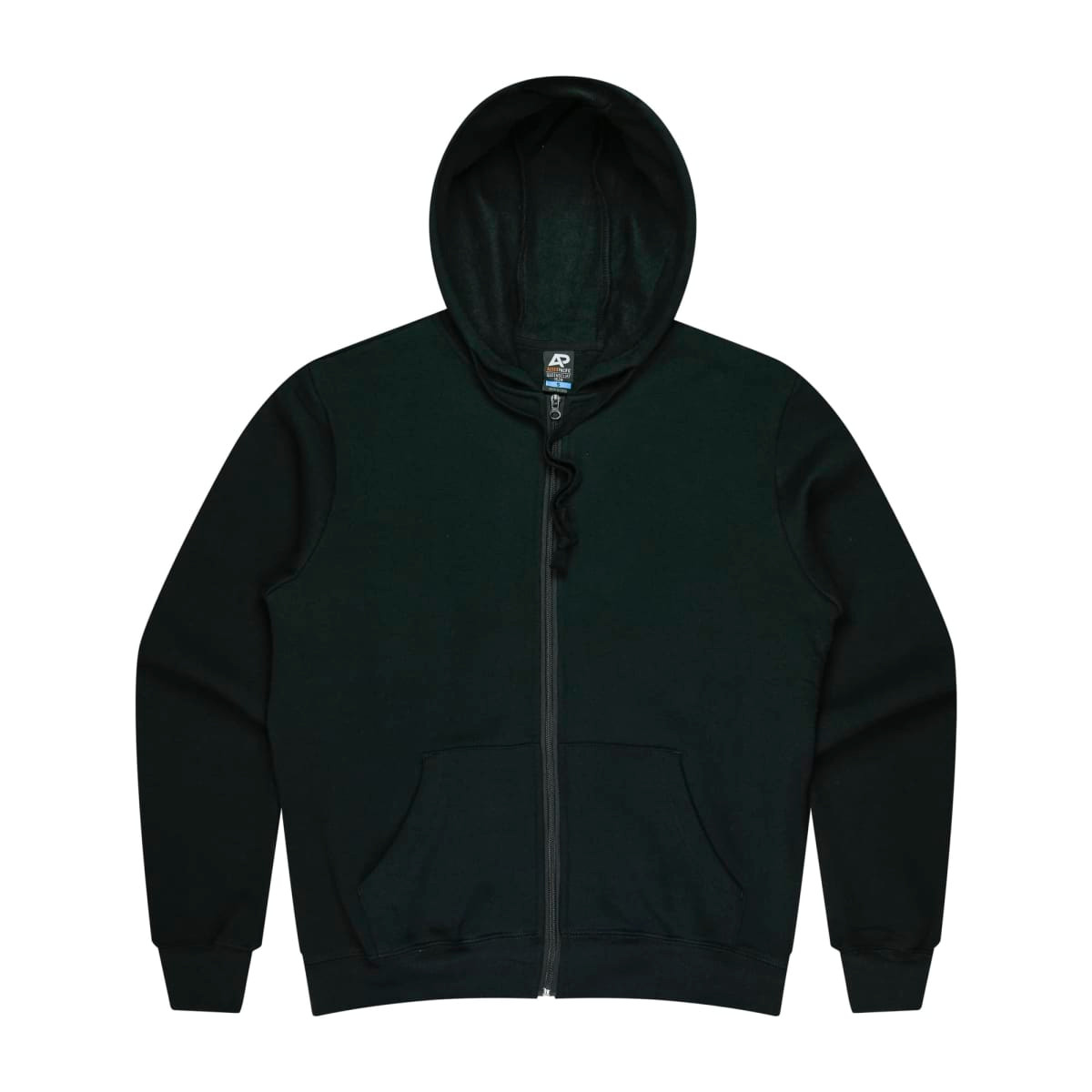 A dark green zip-up men's hoodie featuring a hood and front pockets. Includes a logo on the inner tag.