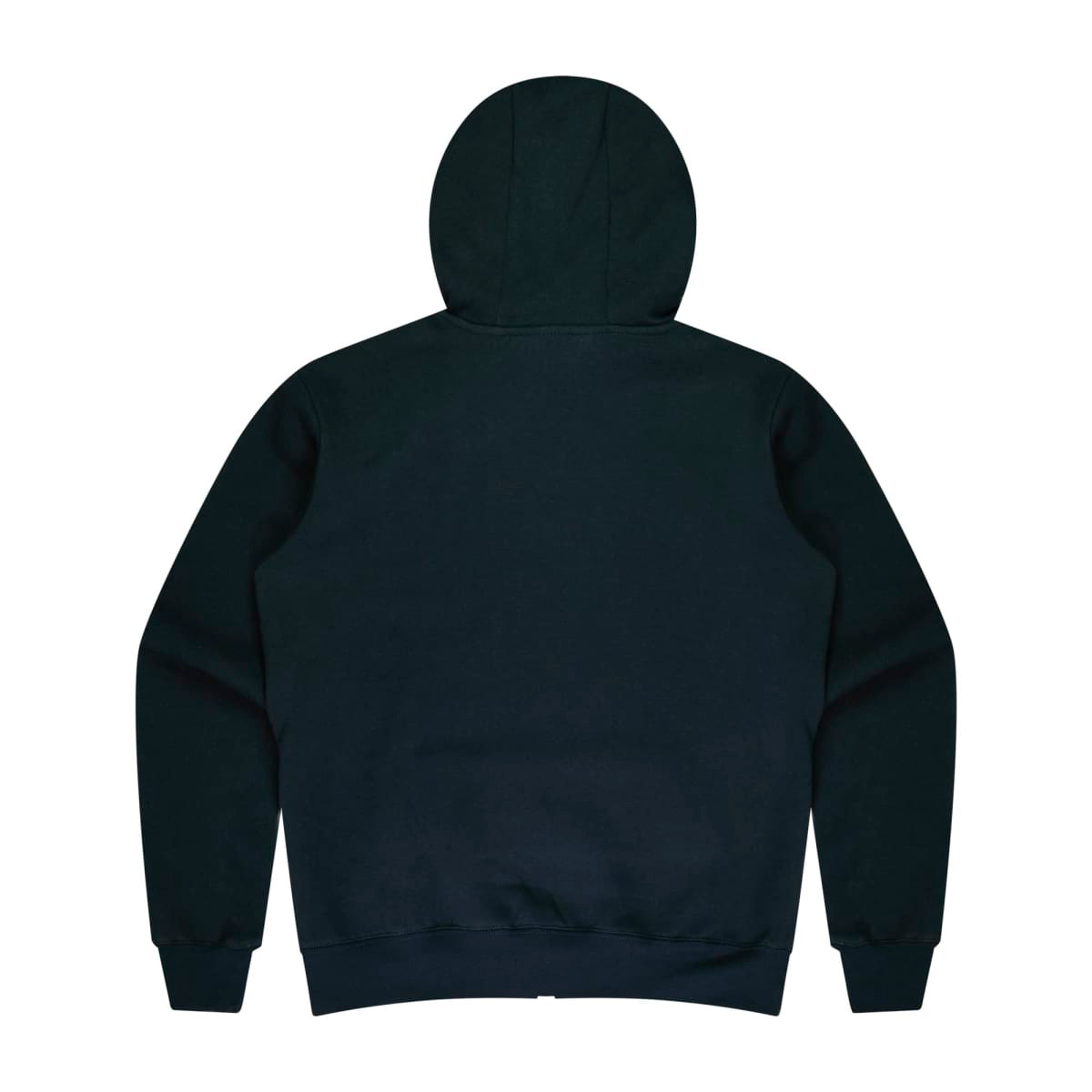A dark green hoodie featuring a hood and long sleeves, with a plain back design. It has a logo.