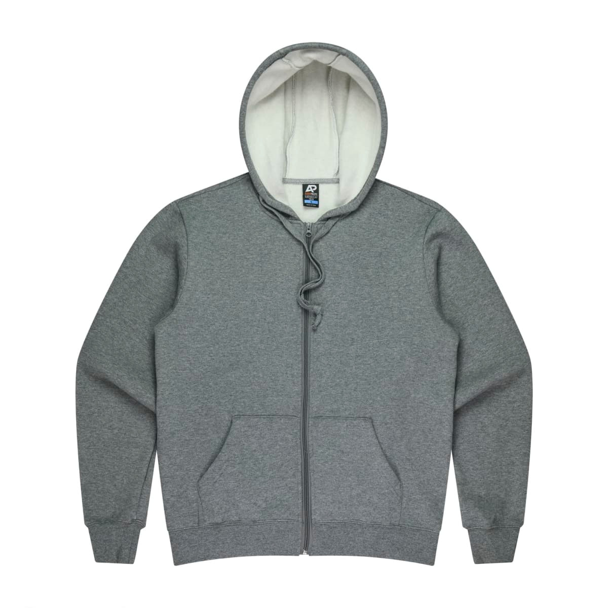 A grey zip-up men's hoodie featuring a lined hood and front pockets, with a logo on the inside.