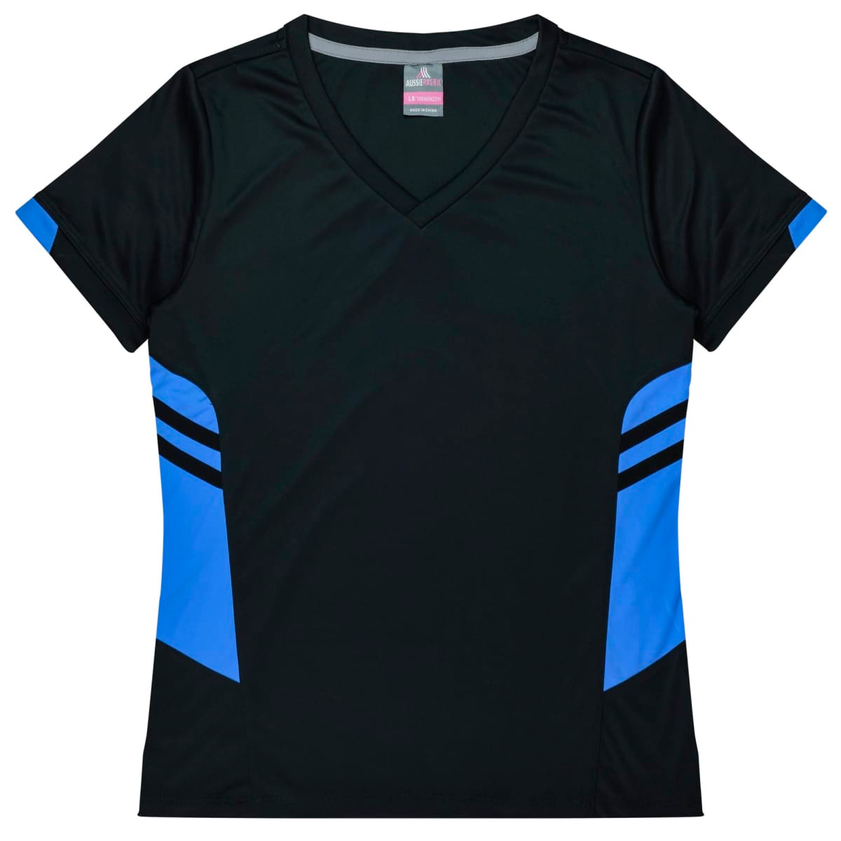 A black women's t-shirt with blue accents and a V-neck design, featuring brand logos.