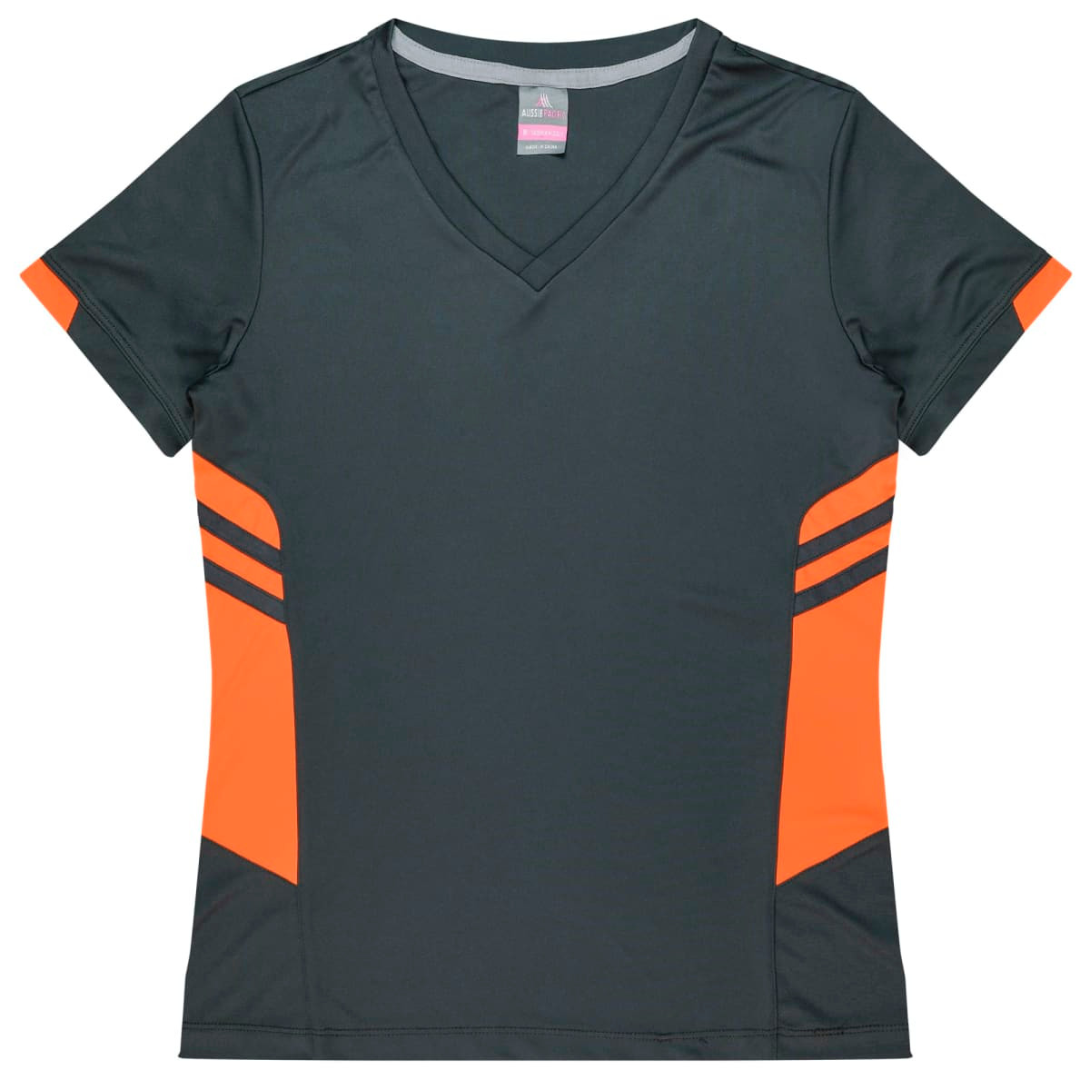 A dark green women's t-shirt with orange side accents and a v-neck design. It features branding on the label.