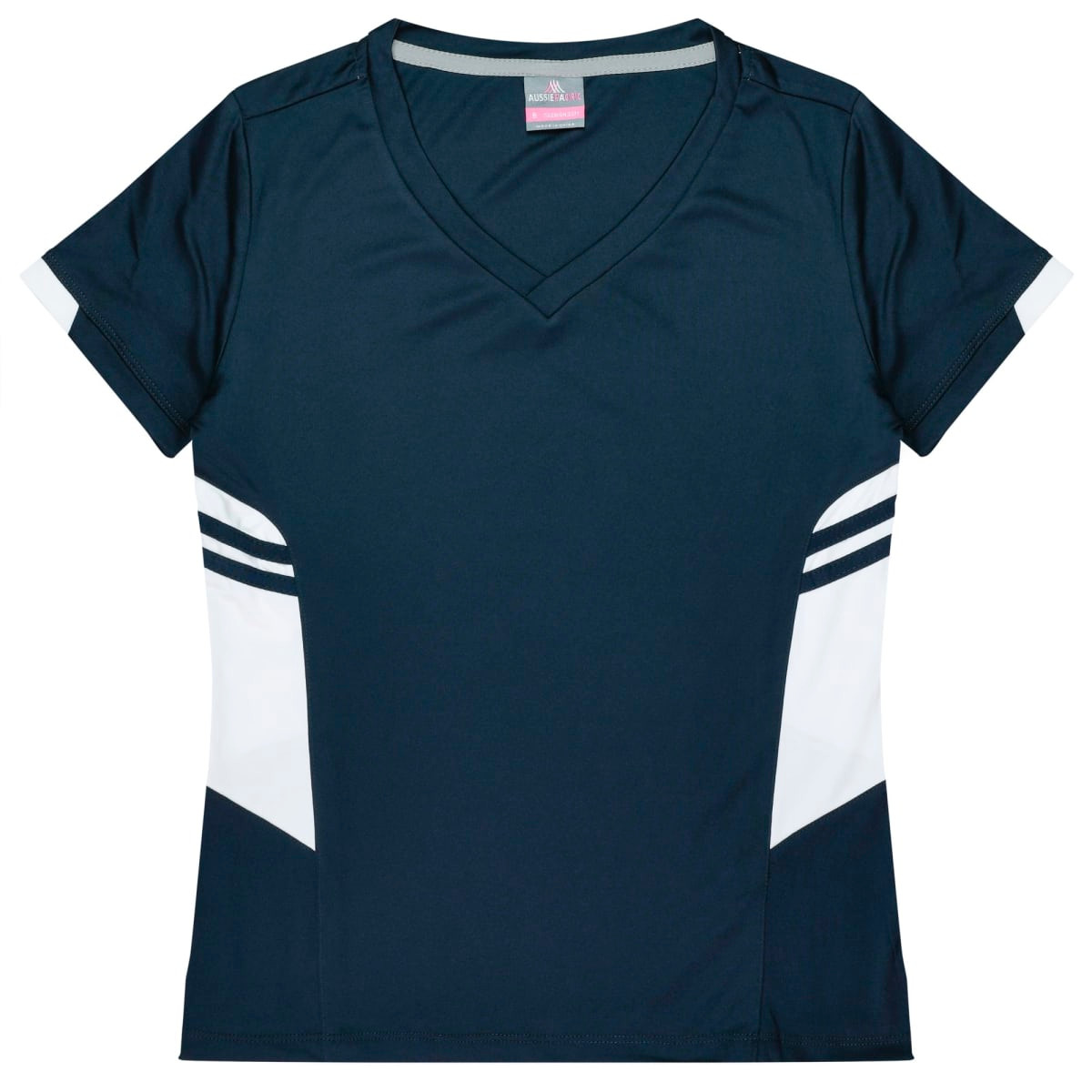 A navy T-shirt with white panels and stripes on the sides, featuring a V-neck design and a logo.