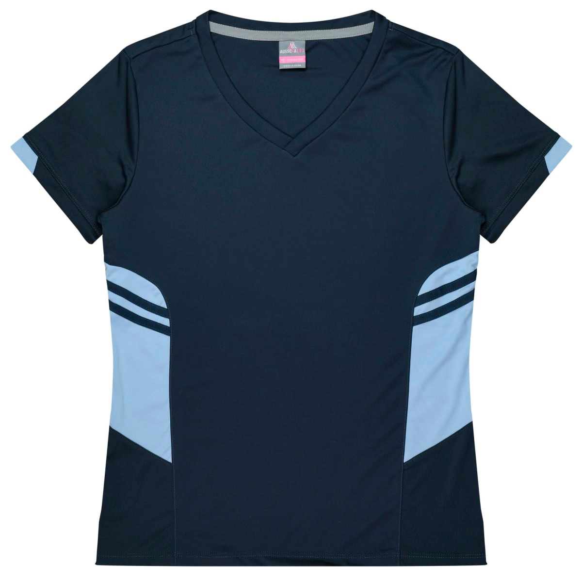 A navy and light blue v-neck t-shirt featuring contrasting side panels and a logo.