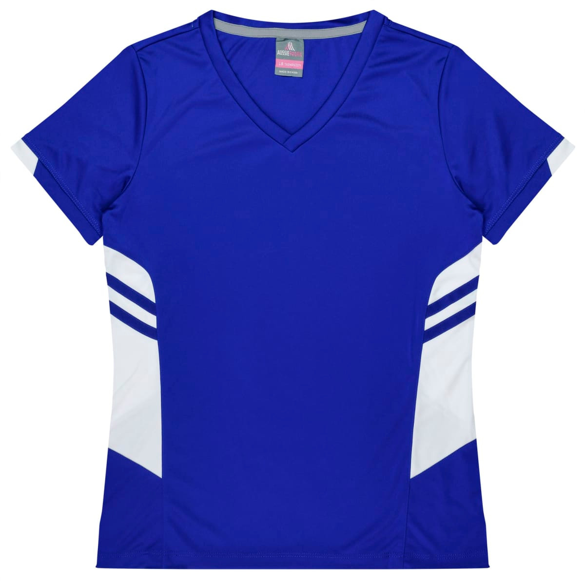A blue women's T-shirt with white accents and a V-neck design. It features stripes on the sides and has a logo.
