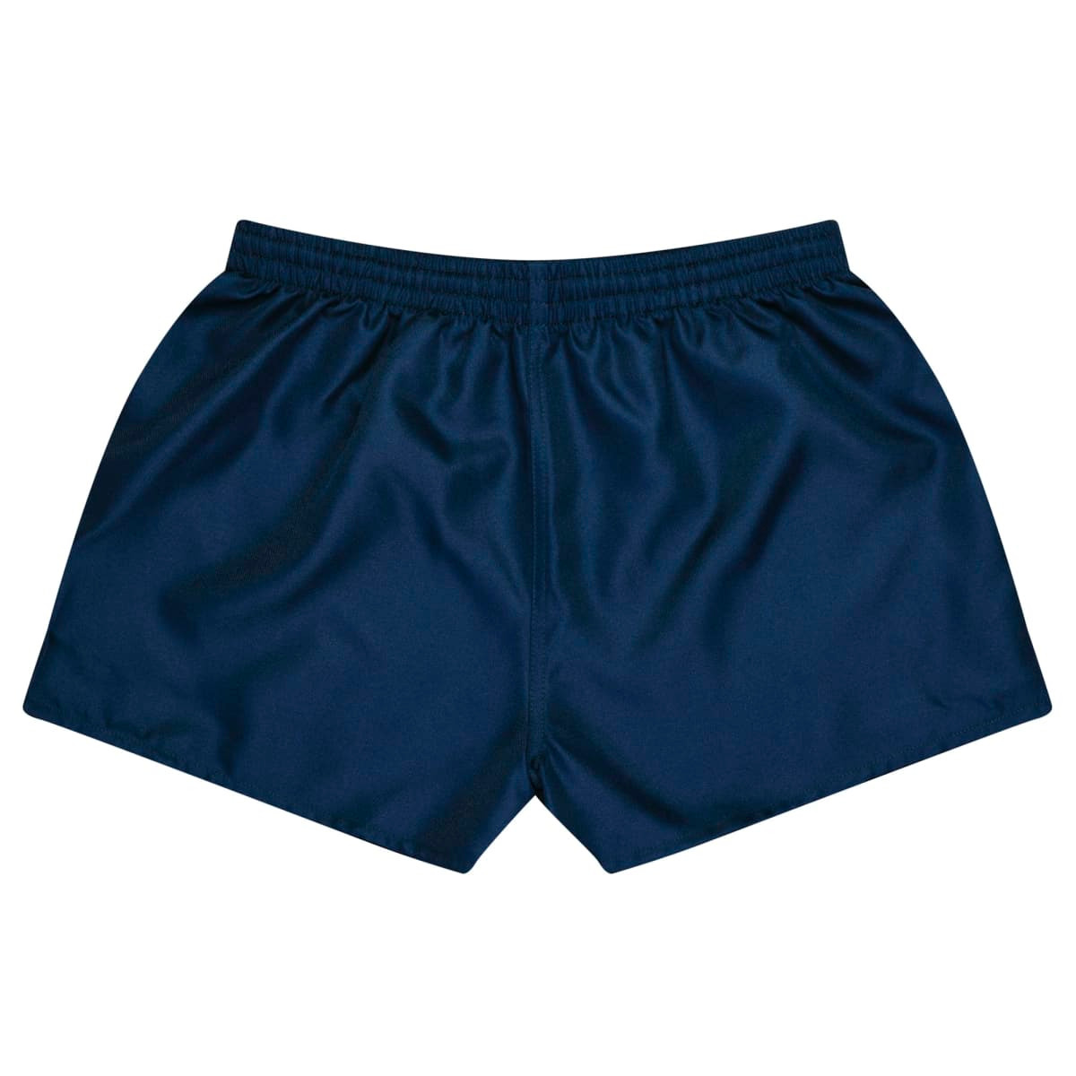 Navy blue rugby shorts with an elastic waistband and a smooth fabric finish, featuring a logo on the waistband.