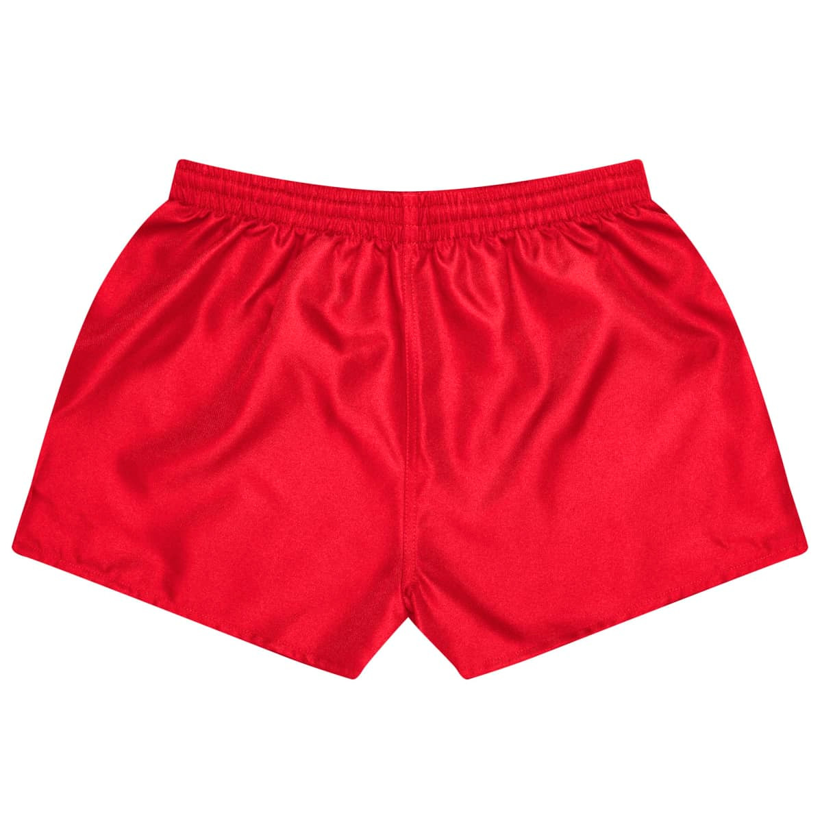 A pair of red rugby kids shorts with an elastic waistband and a smooth, shiny finish.