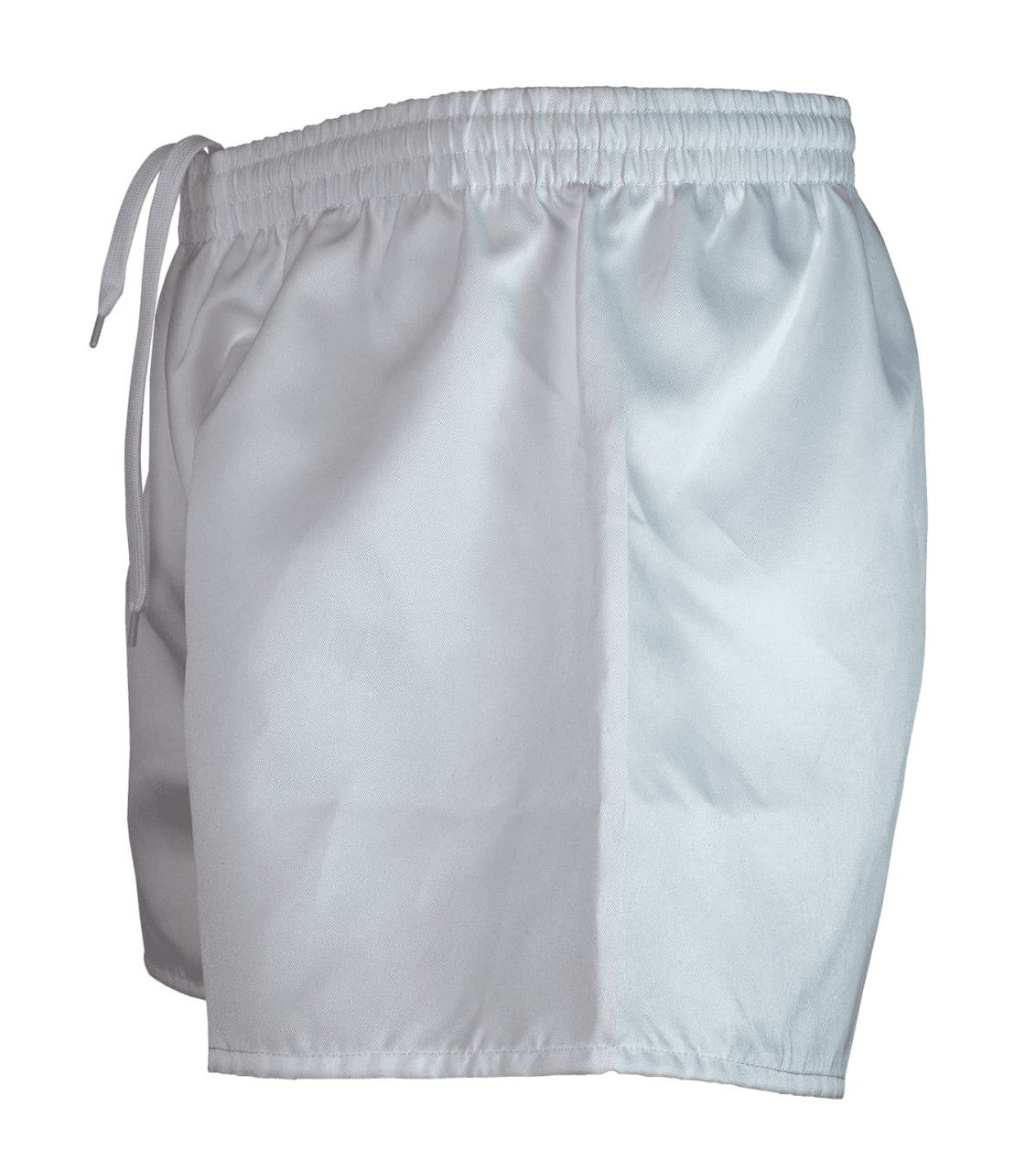 Men's rugby shorts in light grey with a drawstring waist and smooth fabric. Features a logo on the side.
