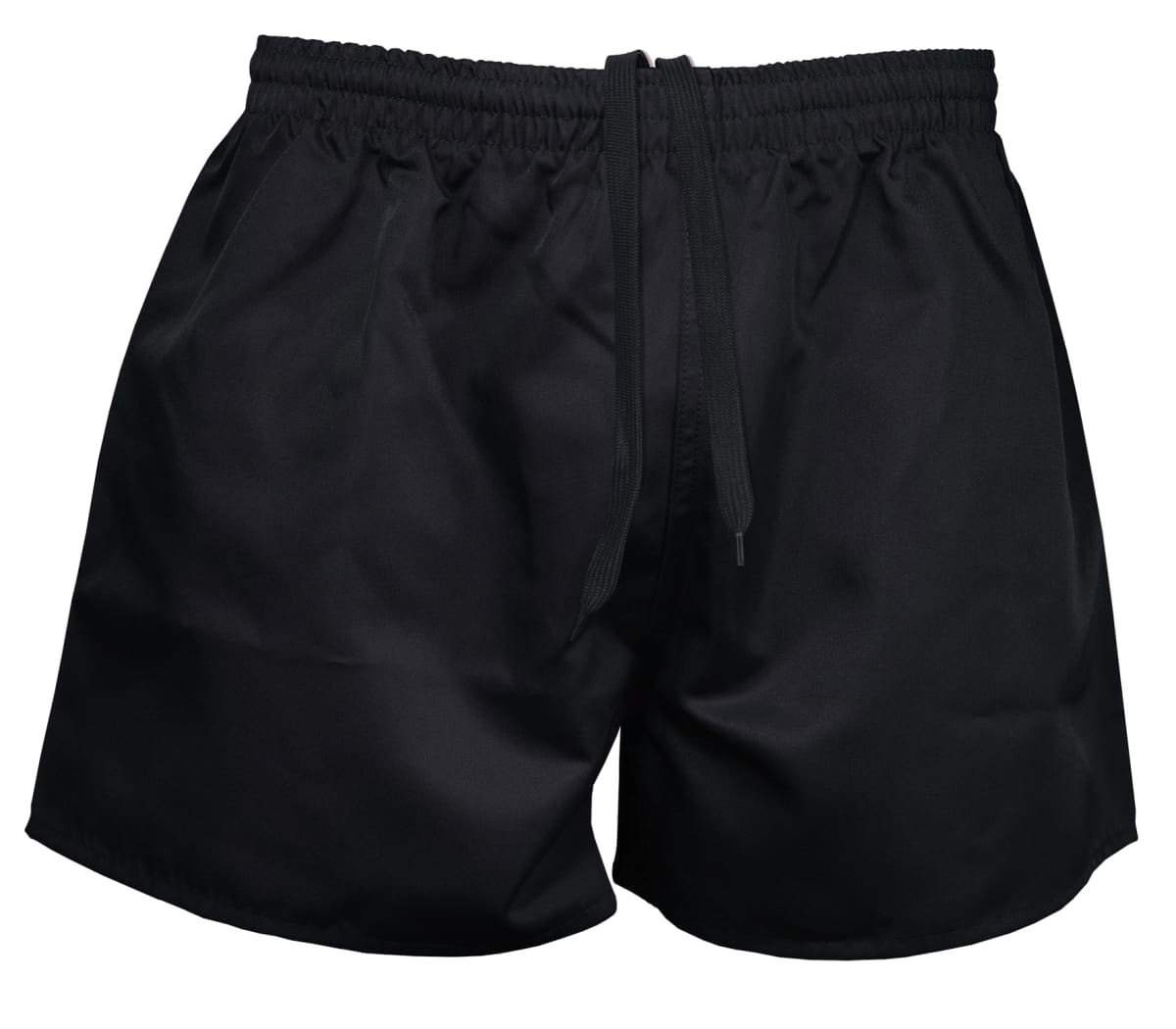 Black rugby men's shorts featuring an elastic waistband and drawstring. Includes a branding logo.