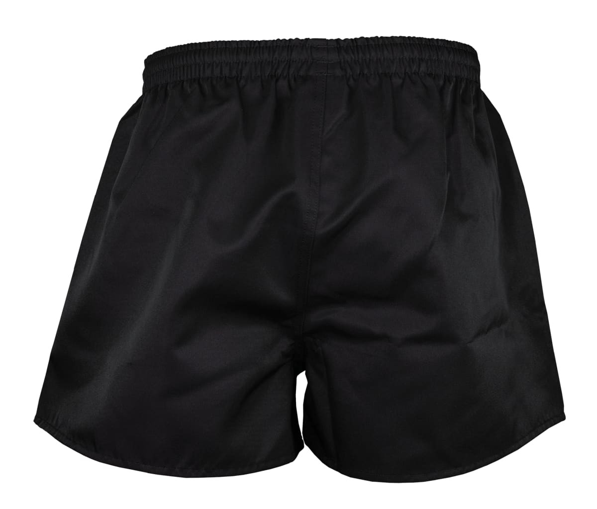 Black rugby men's shorts featuring an elastic waistband and a simple design. Includes a logo on the waistband.
