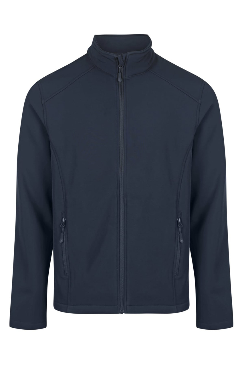 A dark blue soft shell jacket with a zip and two front pockets. It features a simple design and has a logo.