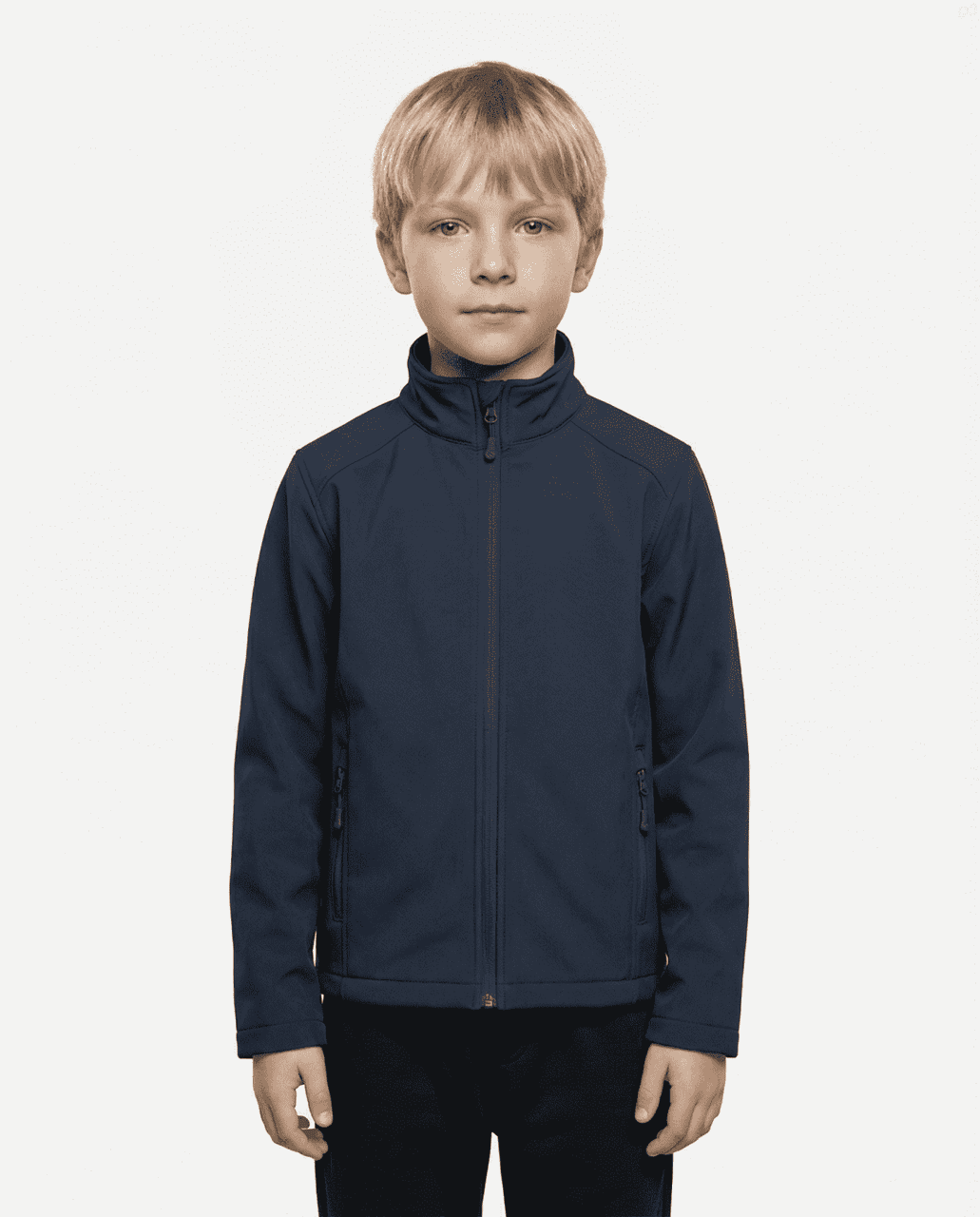 A child wearing a navy blue soft shell jacket with a zip front and a high collar.