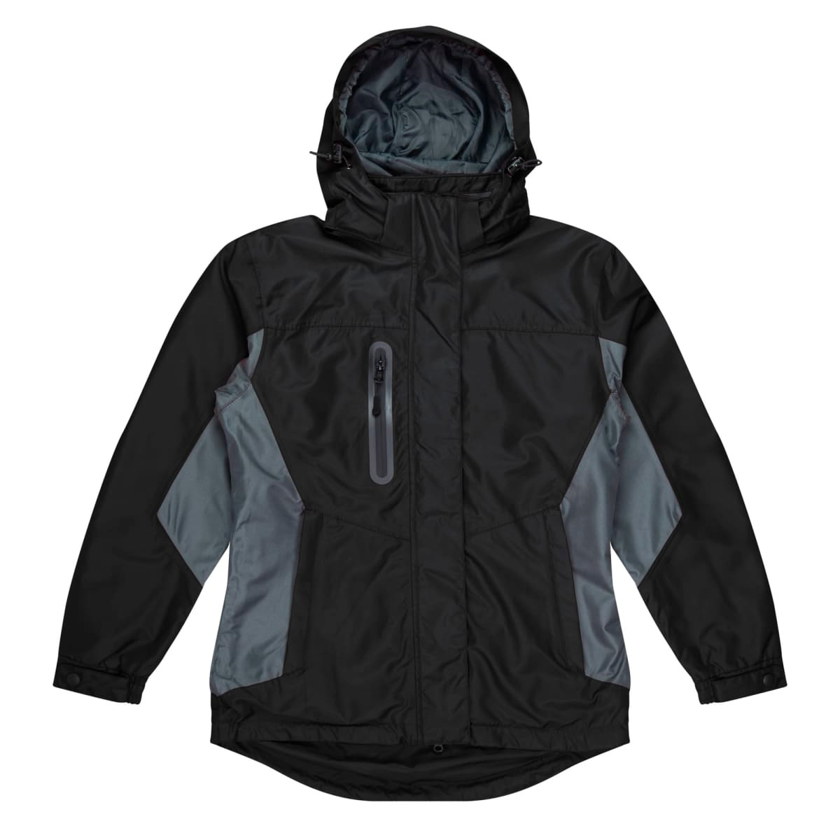 A black and grey jacket featuring a hood, zippered pocket, and a logo on the front.