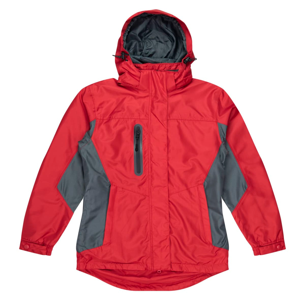 A red jacket with grey accents and a hood, featuring a zippered pocket on the front and a logo.