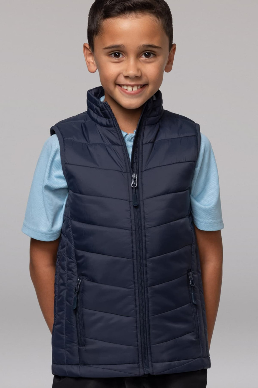 A navy puffer vest designed for children, featuring a zip front and side pockets.