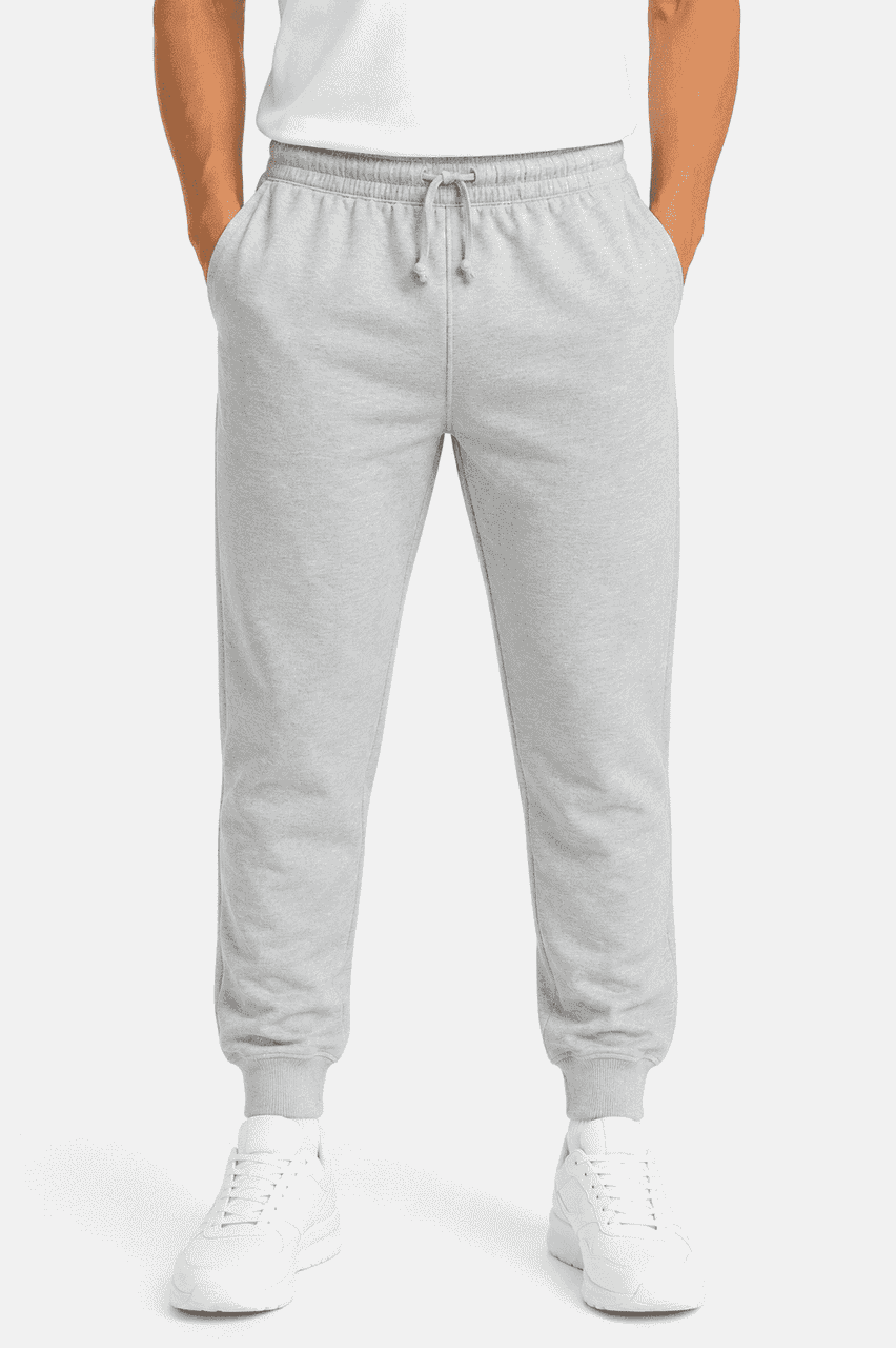 Grey tapered fleece men's track pants with an elastic waistband and cuffs, featuring a casual style.