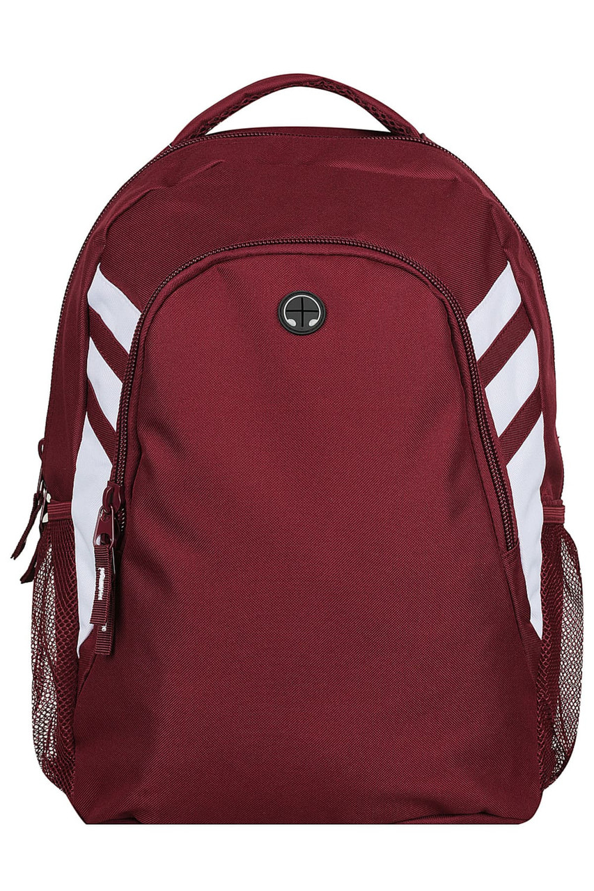 A maroon backpack with white stripes and mesh side pockets, featuring a logo on the front.