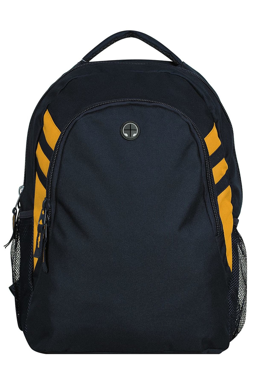 A black backpack with yellow accents and mesh side pockets, featuring a logo on the front.