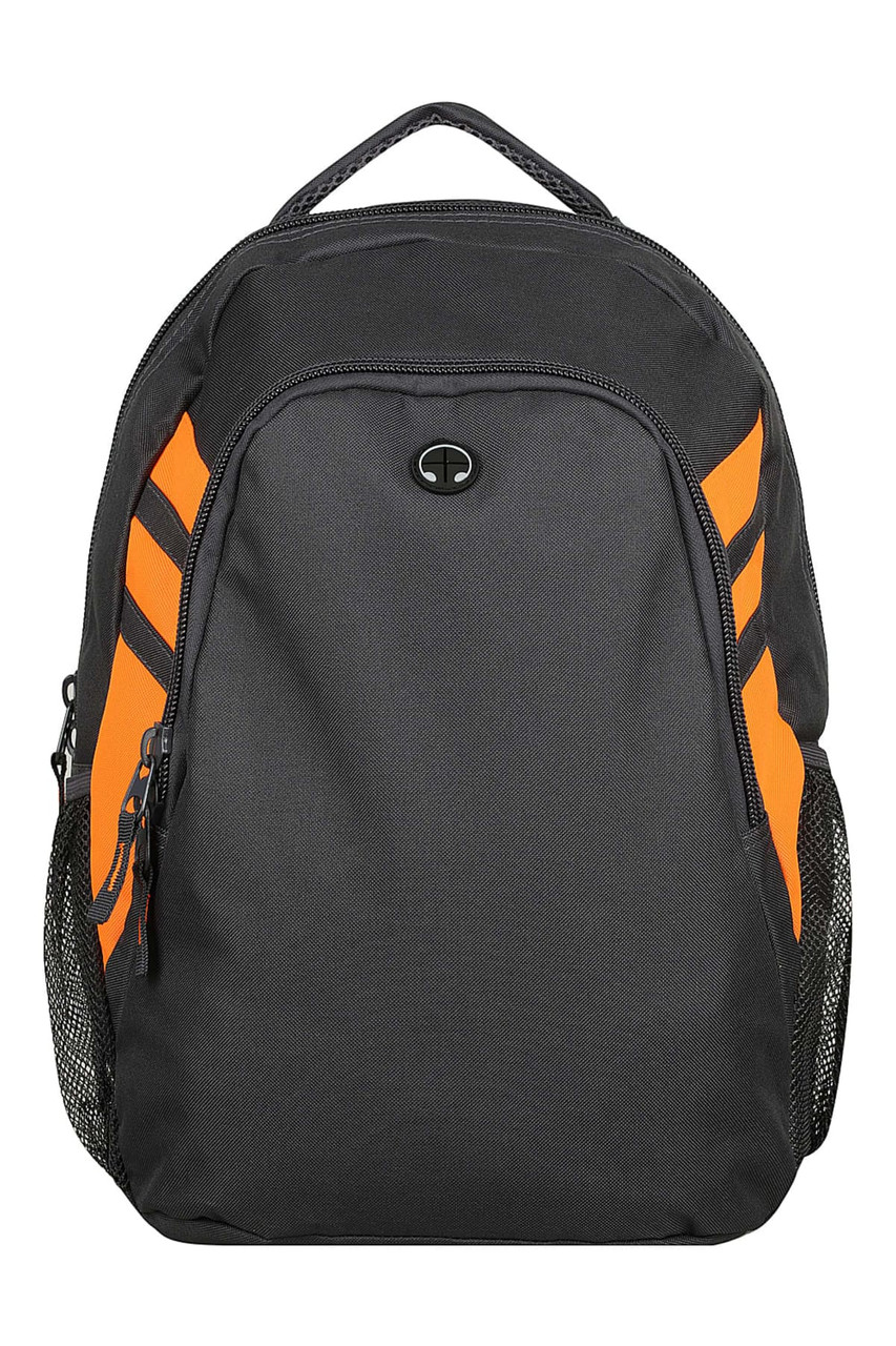 A black backpack with orange accents and a logo, featuring side mesh pockets and a top handle.